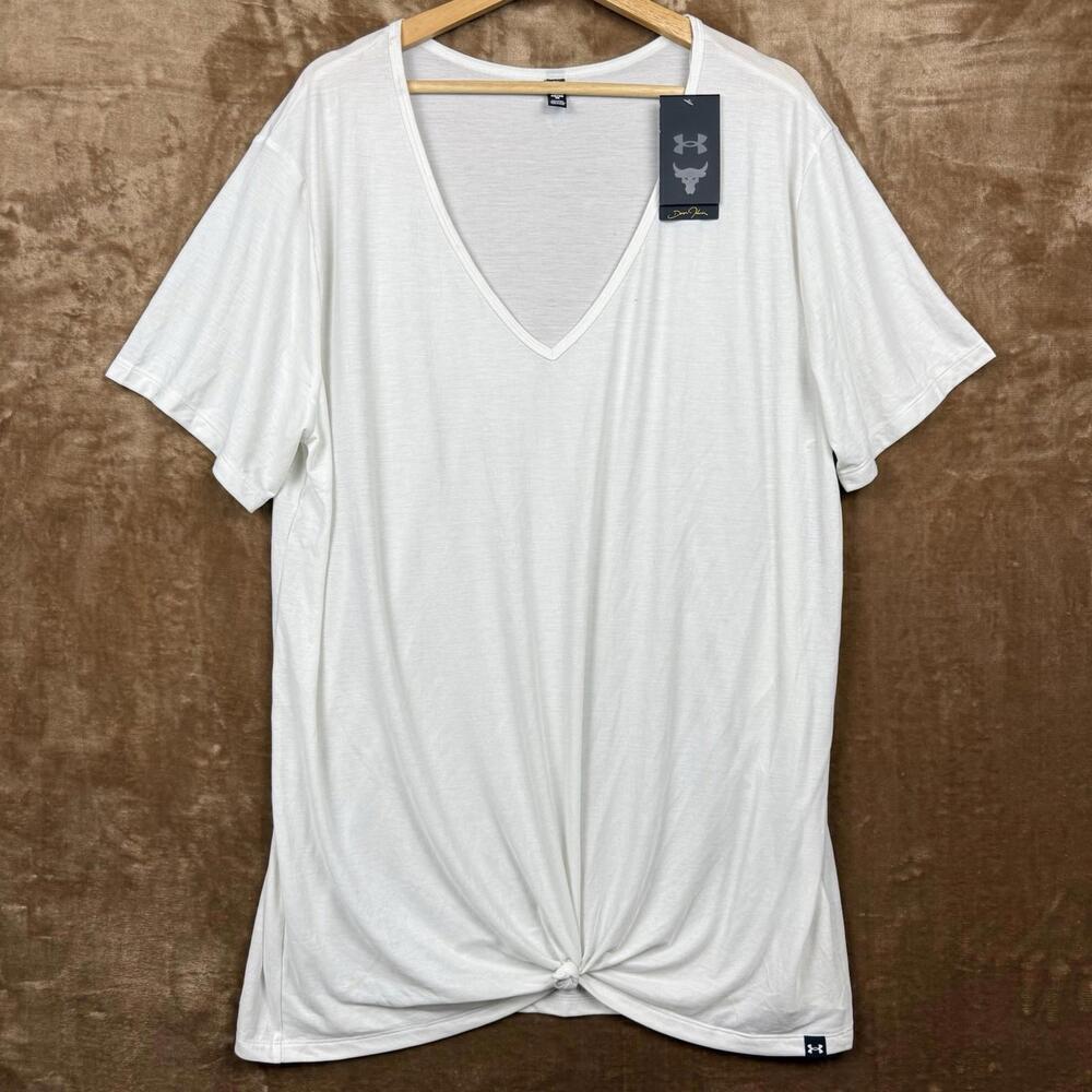 Under Armour Project Rock White V-Neck Twist Front Top Women’s 1X Loose Fit Gym